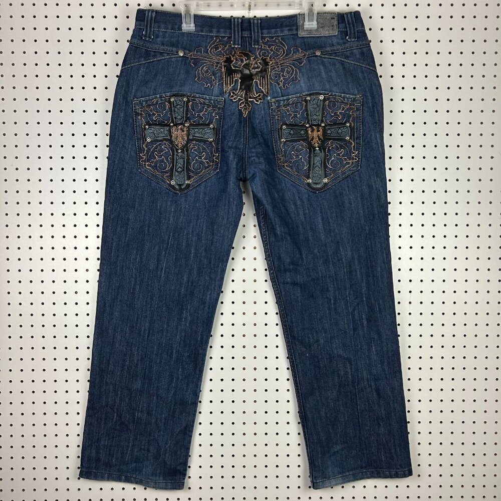 Delf Trading Imperious‎ Y2K Baggy Gothic Jeans 38x32 Cross Stitched Studded Blue